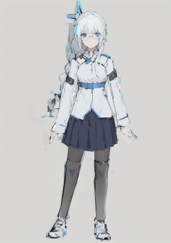 anime girl, white hair, one braid, black skirt, blue eyes, open shoulders, cyberpunk, round glasses,