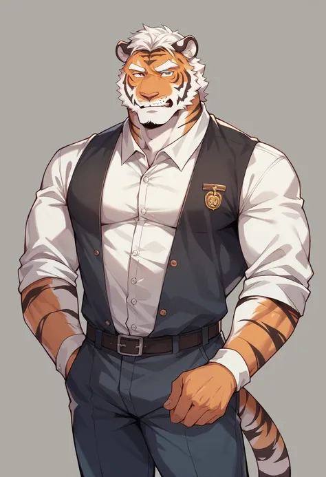 Siberian tiger，personification，Mature male，Strong Man，light hair，Enthusiastic expression，Light white eyebrows，Workers clothing。