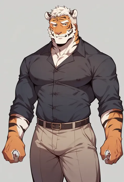 Siberian tiger，personification，Mature male，Strong Man，light hair，Enthusiastic expression，Light white eyebrows，Workers clothing。