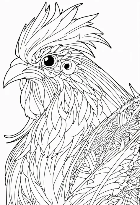 a coloring page with a rooster, black and white coloring, Coloring book outline, Detailed line art, clean coloring book page, stylized lines, art outline, detailed drawing in 4k, line art coloring page, detailed art, hyper Detailed line art, detailed digit...