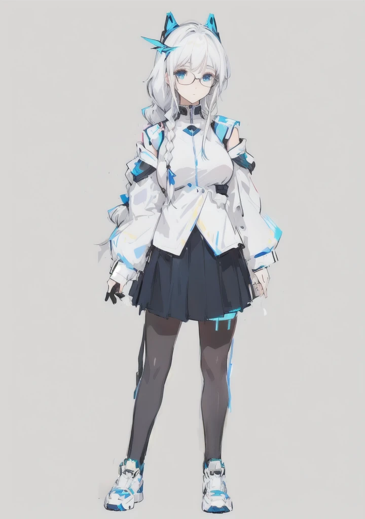 anime girl, white hair, one braid, black skirt, blue eyes, open shoulders, cyberpunk, round glasses,