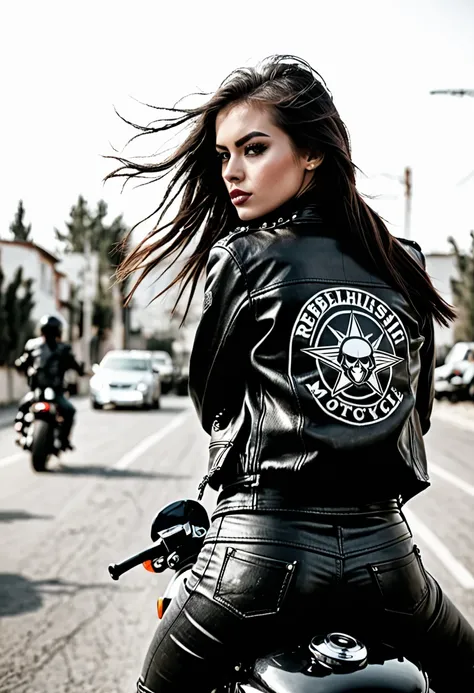 photo of an rebellish girl on a motorcycle, shot from the rear perspective, leather clothes