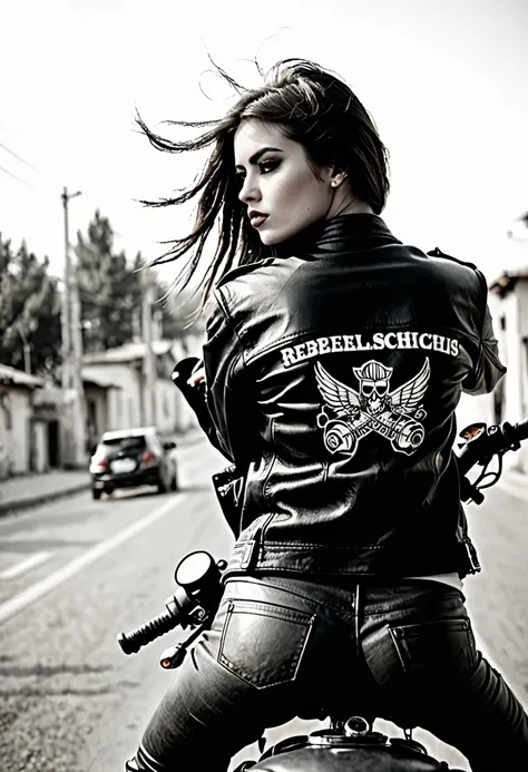 photo of an rebellish girl on a motorcycle, shot from the rear perspective, leather clothes