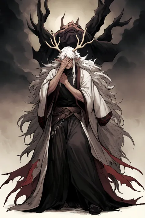 solo, 20 year old male, character fusion,  nidhogg fused with odin and sun wukong, tall tanned man with wild unruly white hair, bangs on face, bangs on one eye, ((hair partially covering eyes)), black sclera on eyes, long voluminous hair, spiky hair, point...