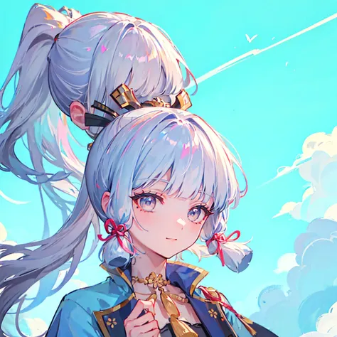 masterpiece, best quality, high detailed, sharp details, from front, kamisato ayaka (flawless radiance), kamisato ayaka, official costume, ponytail, kote, kusazuri, blunt bangs, hair ribbon, red ribbon, japanese armor, grey eyes, light blue hair, mole unde...