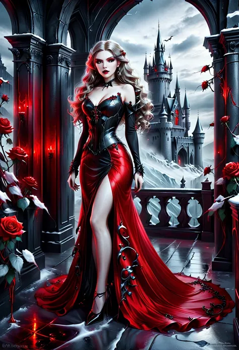 Dark fantasy art, fantasy art, goth art,  a picture of a female vampire, exquisite beauty, full body shot, dark glamour shot,  pale white skin, dark blond hair, long hair, wavy hair, (icy grey: 1.3) eyes,  she  wears a (red: 1.3) dress, ArmoredDress, entwi...