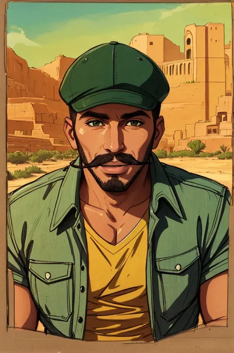 portrait a Smoker, wearing a cap, cigarette in his teeth, green, desert, sketch artstyle, city ruin background