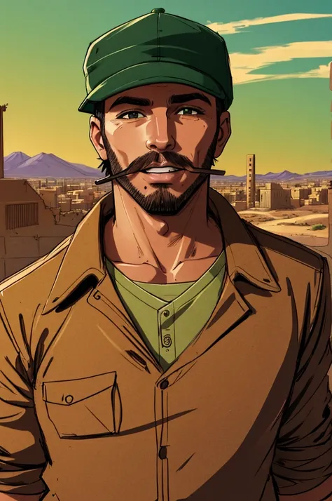 portrait a smoker, wearing a cap, cigarette in his teeth, green, desert, sketch artstyle, city ruin background