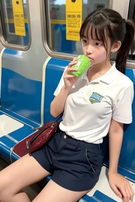 Sexy junior high school student in shorts vomits on train