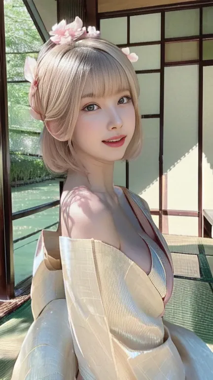 the same,
One Woman,

Golden Hair,
(Short Hair.05),Ashime,straight,

((Flower petal hair ornament)),

Natural skin texture,Big ,Narrow waist,
Pink Lipstick,

Long-sleeved kimono(Black),Kimono,

shrine,Outdoor,

Slightly larger breasts,expression(smile),
Op...