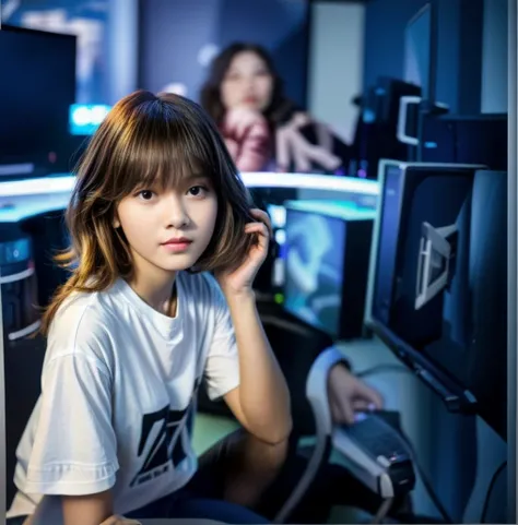 12 years old korean female（lifelike， high - resolution：1.3）， 1 girl with a perfect body， Super fine face and eyes，hair wavy bob, only wearing oversize t-shirt, Sitting in front of the computer, gaming chair, white table, monitor 27inc, The white-walled, op...