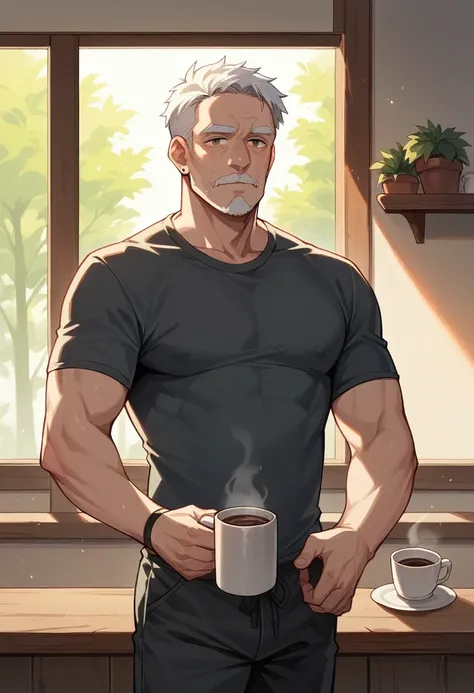 A 35 year old man,wearing a gray t-shirt and black drawstring trousers,enjoying a cup of coffee, enjoying the view from the terrace of the house.