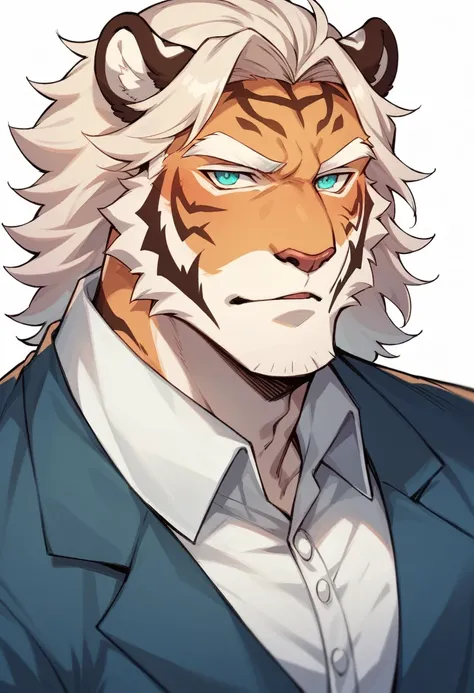 Siberian tiger，personification，Mature male，Strong Man，Light blond hair，Enthusiastic expression，Cyan eyes，Light white eyebrows，Workers clothing。