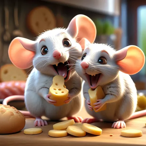 cute mice, mice eating sausages, detailed mice, sickness expression, ultra-detailed, 8k, photorealistic, high quality, dynamic lighting, vibrant colors, whimsical, adorable, scene in a kitchen, cheese, bread crumbs, wooden table, realistic textures, soft f...