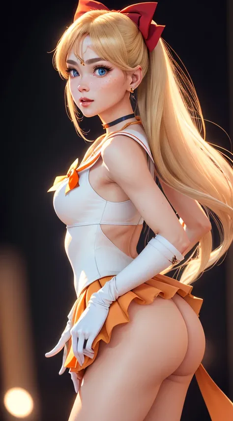 masterpiece, best quality, high resolution, high detail face, venus1, 1 girl, solo, sailor senshi uniform, sailor venus, aino minako, blonde hair, magical girl, blue eyes, orange skirt, elbow length gloves, tiara, pleated skirt, bow for hair, orange sailor...