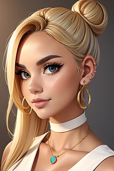 Blonde bun, neckleace,  boba , choker, hoop earings