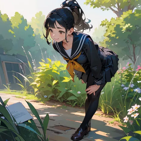 (Highest quality,High resolution,Very detailed,Realistic:1.37),Peaceful atmosphere,(Outdoor,garden),Teenage girl standing alone,Beautifully detailed features,Cute Smile,(Black hair ponytail),navy sailor suit,Pleated skirt,black tights,Brown leather shoes.