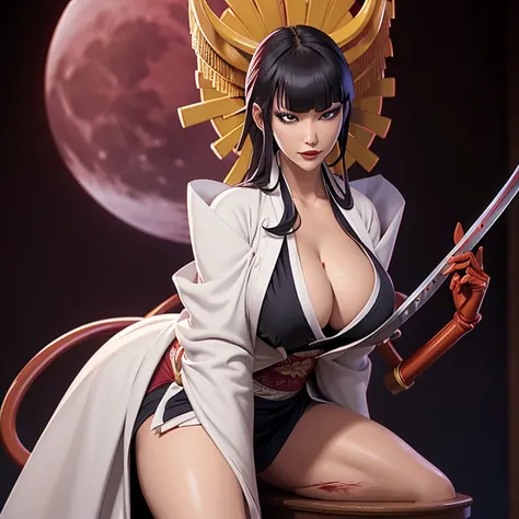 Solo,cleavage, haori, thick thighs, outstanding details, blood,big breasts , moon , kimono, parted lips, katana, standing up,huge boobs,big ass,over size breasts