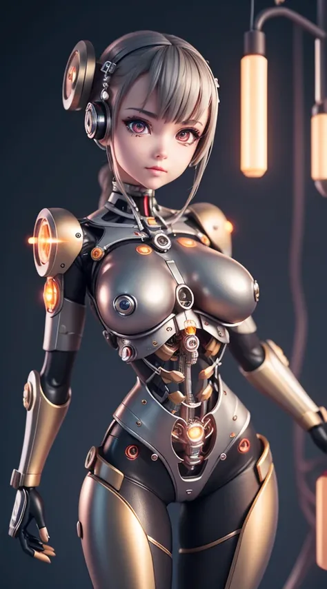 Topic prompts "Atomic heart, Mechanical girl" as follows: Atomic heart,Mechanical girl,Meticulous robot eyes,Detailed metal lip,Extremely detailed facial features of the robot,Shiny metal skin,Mechanical body parts,Mechanical gears and gears,Magical glowin...