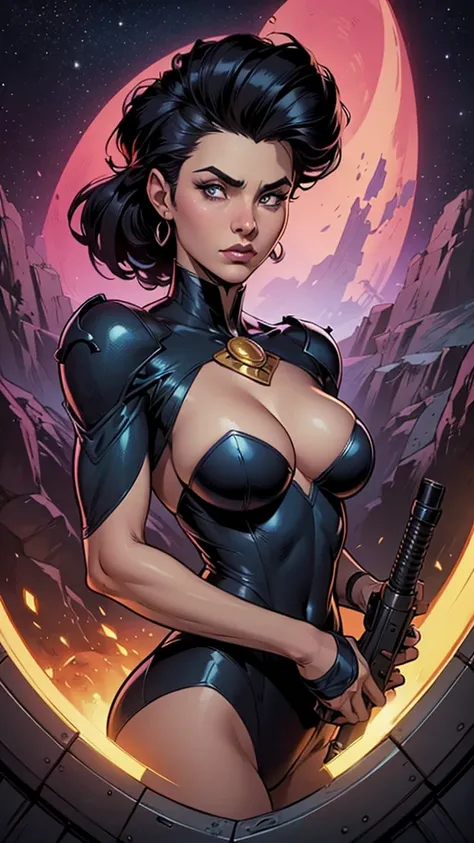 a close up of a cartoon of a woman with a gun, artegerm comic, zenoscope, Chris Moore. artegerm, by Eddie Mendoza, beautiful comic art, not artegerm style, ivan talavera and artegerm style, Artegerm and Warren Louw, artegerm e lois van baarle