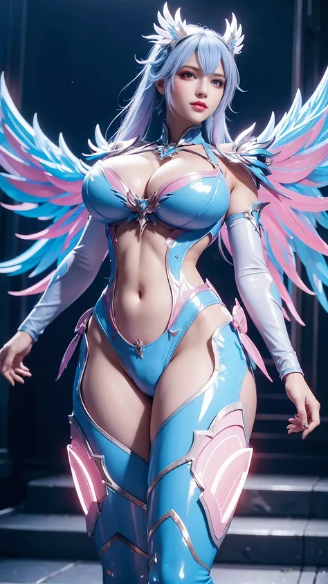 A BUSTY MILF, CLOSE UP UPPER BODY,SOLO, ((PHOENIX MECHA HORN)), (GIGANTIC FAKE BREASTS,CLEAVAGE TOP,11 LINE ABS:1.5), ((WEARING OUTFIT BLUE,PINK GODDESS PHOENIX MECHA LINGERIE ARMOR:1.5)), (MUSCULAR BODY SHAPE:1.5), (CLEAN GLOSSY BODYSKIN:1.5), (LOOKING AT...