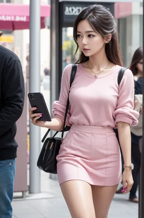 Woman dressed in pink with a cell phone with a pink case 