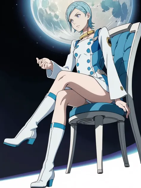 (Ultra-High Definition),eureka, night, moonlight, lone girl, purple eyes, short light blue hair, choker, hair clip, white and blue dress, long sleeves, white and blue knee high knee boots, shiny boots, full length view, legs up showing soles, sitting in ch...