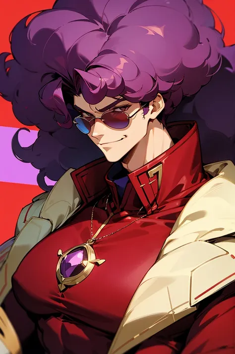 Dark crimson Hair, shades,, Muscular, big afro hair, purple gem on chest, blue and red outfit, smirk, beach background, young. male, upper body, jacket, lean build, 