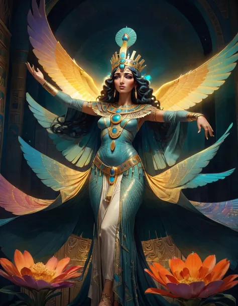 a beautiful goddess isis, egyptian goddess, alphonse mucha style, detailed crown, queenie gesture, ornate headdress, flowing robes, golden skin, piercing eyes, intricate details, ethereal lighting, dreamlike atmosphere, vibrant colors, dramatic pose, maste...