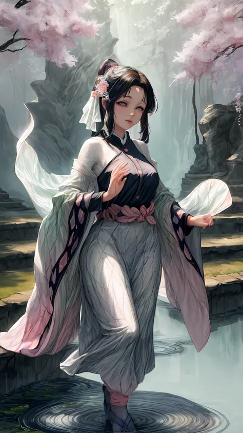 In the heart of an ancient garden, where time unfolds in sakura petals, it rises. The black-haired woman, dressed in silk and shadows, is a figure of mystery and power. His green eyes reflect the soft light of twilight, like bamboo leaves swaying in the wi...