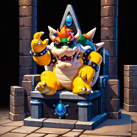 score_9, score_8_up, score_7_up, (bowser:1), sitting in a throne, (laughing:1.1), (sunglasses:1.2), blue stone walls, dim, dark,...