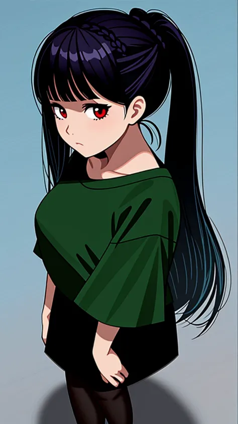 Girl1,from above,triangle face,red eyes,black hair,braided ponytail hairstyle,green t-shirt,Pencil skirt,highly detailed,HD,full body