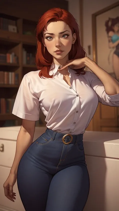 a cartoon image of a woman with red hair and a white shirt, fofosexyrobutts, cushart krenz arte chave feminino, krenz cushart and artgerm, artgerm and lois van baarle, comic pinup style, Estilo Ivan Talavera e Artgerm, arte pin-up, 极其详细的Artgerm, style artg...