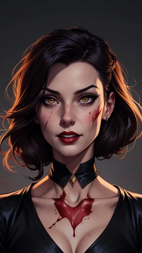 a drawing of a woman with blood on her face and a bloody collar, charlie bowater art style, arte do personagem Charlie Bowater, lois van rossdraws, Ross Draws 1. 0, female vampire, Carmilla Vampira, artgerm e rossdraws, style of charlie bowater, Vampire gi...