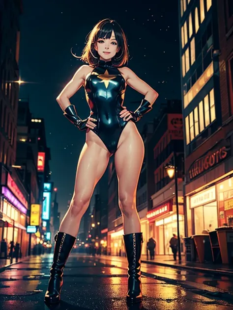 (best quality, masterpiece), 1girl, solo, glitter, leotard, bare legs, particle, superhero, boots, gloves, clenched fists, standing, hands on hip, smile, city backdrop