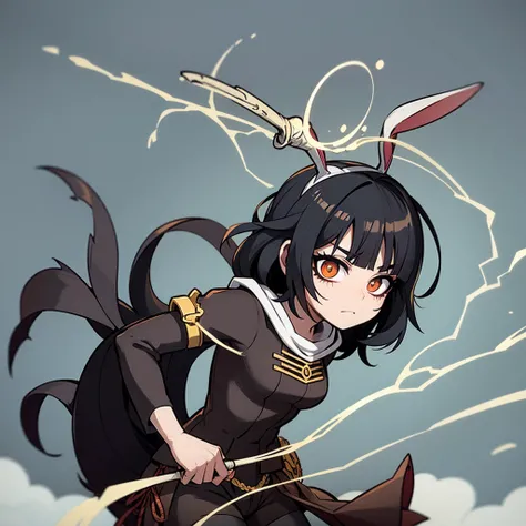 Rabbit anime girl with black fur, cute and a little tired brown eyes, anime Dungeon meshi, medium black wavy hair with bangs, wearing an exploration outfit, 21 years old, in various angles, cute, holding a magic staff