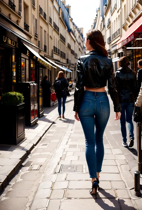 photorealistic woman walking on a street in Paris, with the back to the camera