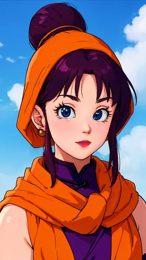 masterpiece, best quality, highest quality, photorealistic, perfect anatomy, perfect face, perfect eyes,
dbzch1ch1, sidelocks, bangs, single hair bun, hair bun, (black eyes), orange pashmina wrap, red sphere earrings , red wristbands, purple cheongsam, sex...