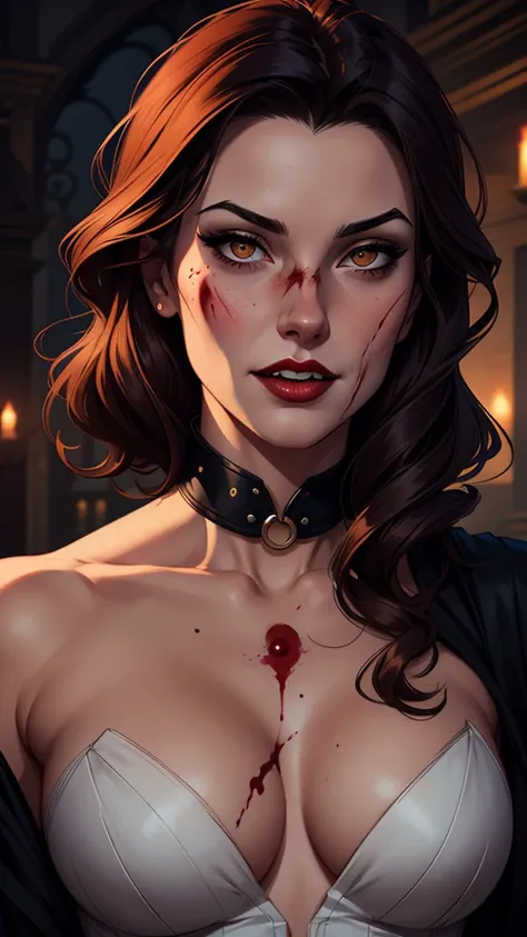 a drawing of a woman with blood on her face and a bloody collar, charlie bowater art style, arte do personagem Charlie Bowater, lois van rossdraws, Ross Draws 1. 0, female vampire, Carmilla Vampira, artgerm e rossdraws, style of charlie bowater, Vampire gi...