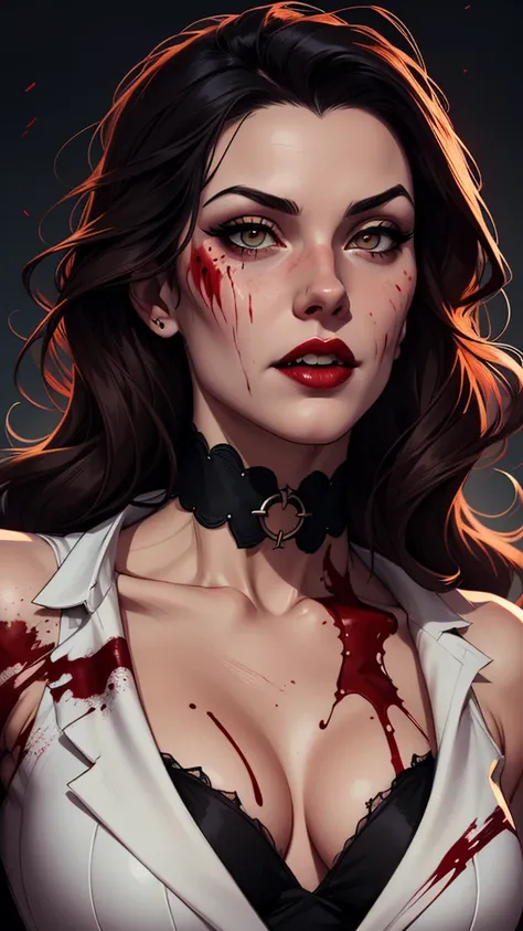 a drawing of a woman with blood on her face and a bloody collar, charlie bowater art style, arte do personagem Charlie Bowater, lois van rossdraws, Ross Draws 1. 0, female vampire, Carmilla Vampira, artgerm e rossdraws, style of charlie bowater, Vampire gi...