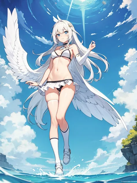 White bikini, knee socks, white wing, Angel, twin tale, concept art, full body