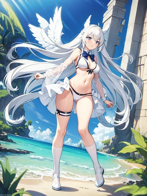 White bikini, knee socks, white wing, Angel, twin tale, concept art, full body