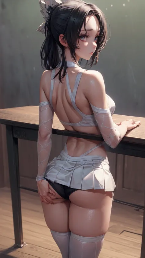 ((highy detailed)) ((ultra realisitic)) ((work of art)) 22 year old college cheerleader, , long Messy hair, (perfect ass), hunched over a table in a classroom, wearing a white sports bra, black pleated skirt and silver panties. focus on detailed eyes. inno...