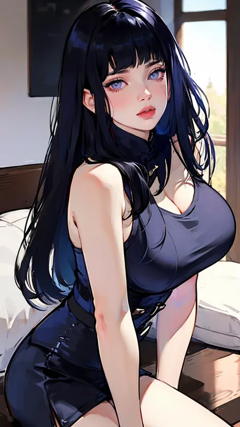 1girl, close up of face, adult, hinata hyuga, the last, shy girl, long black hair, blunt bangs, dark hair, voluminous hair, lave...