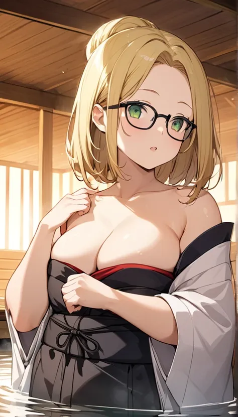 chubby girl, blonde, green eyes, medium length hair, open forehead, without bangs, glasses with black square frames Japanese clothing style, ancient japan, bare chest
water, sauna 