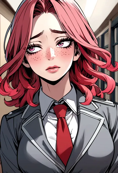 My Hero Academia Capture, beautiful woman with freckles, Red hair, wavy pink tips, pink eyes, long eyelashes, nose ring, blushing expression, wearing uniform gray coat red tie, school hallway in the background