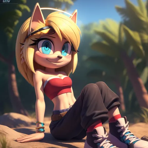 Astrid hofferson, baggy pants, strapless crop top, cleavage, high-top sneakers, blonde hair, halo, sunglasses, jewelry, aqua eyes, longeyelashes, aqua eyes, smile, shy, blush, high detail, masterpiece, UHD, anatomically correct, super detail, highres, 4K