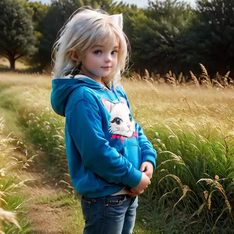 best quality, detailed, hyper detailed, beautiful, 8K, absurdres, village, a kitty, happy, smiling, standing, looking to the right, white hair, blue eyes, chibi, plump, hoodie, jeans, 5-year-old, in the grassland, in the afternoon, fantasy, photorealistic,...