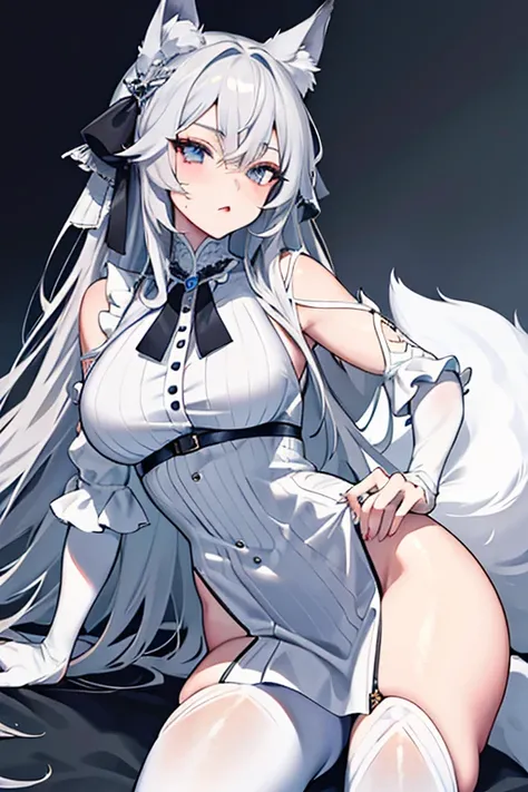 best qualtiy，tmasterpiece，The is very detailed，4K，Gray hair and shallow eyes，Drag cool expressions，Wolf ears，Erect scar on the left eye，British style，1girl，Absolutely beautiful, big bust, white costume, ear ribbon