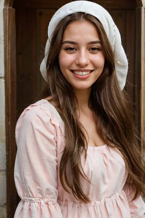 a photo-realistic portrait of a beautiful Palestinian woman with long brown hair, pink dress, white teeth, and a cute smile, with highly detailed and realistic facial features, modest expression, and realistic white skin tone